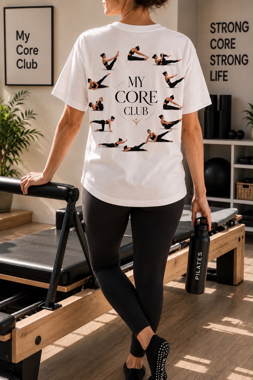 MY CORE CLUB back print — Pilates movement positions